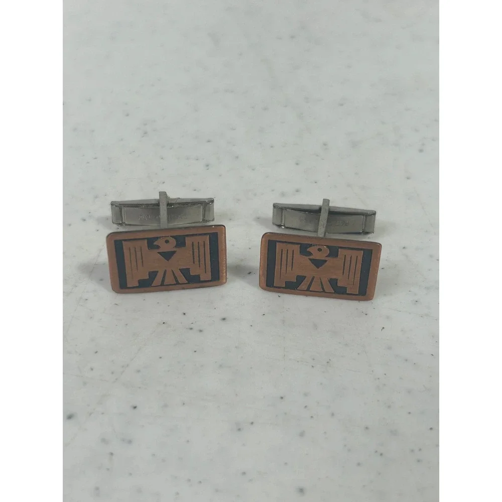 Vintage Thunderbird Copper Tone Rectangular Cufflinks Black Etched Eagle Motif